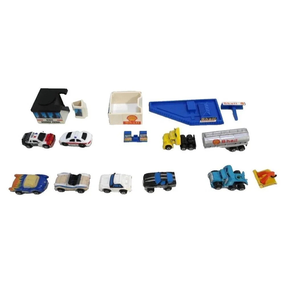 MICRO MACHINES set of 16 tiny toy vehicles, buildings Shell tanker & police cars